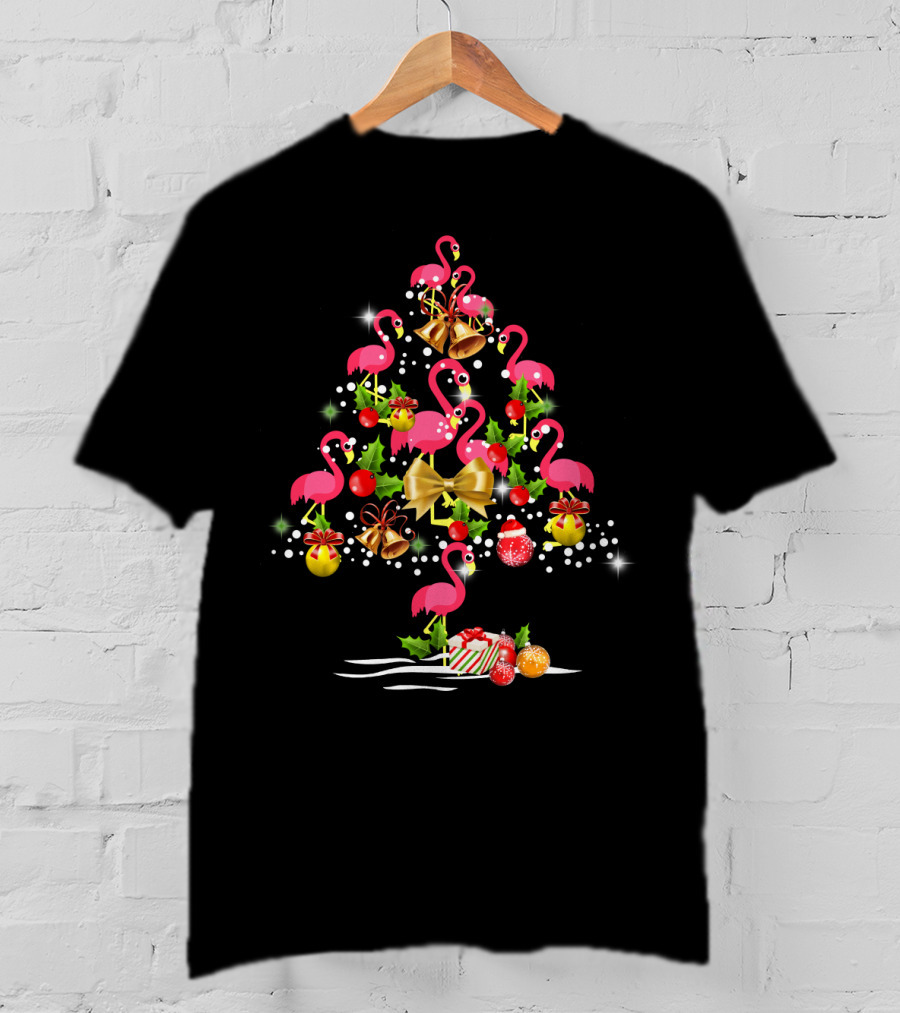 Flamingo Christmas Tree Festive Ornaments And Bells T-Shirt