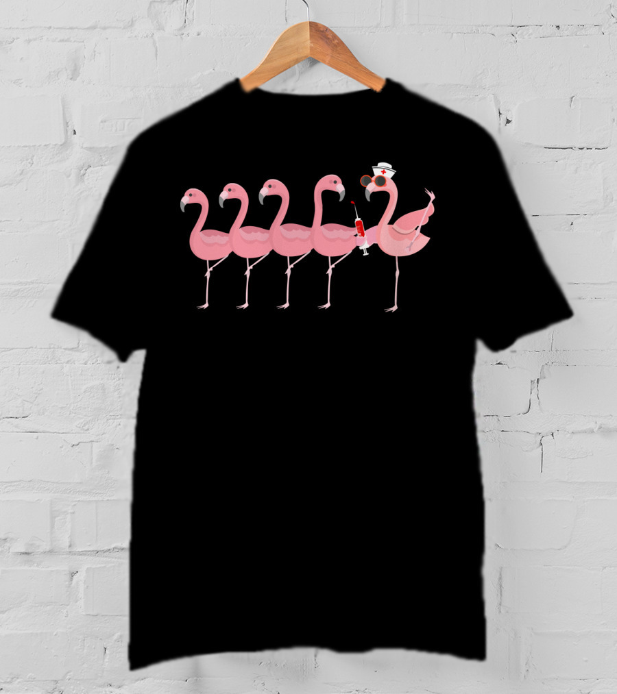 Nurse Flamingo With Syringe And Hat Among Flamingo Group T-Shirt
