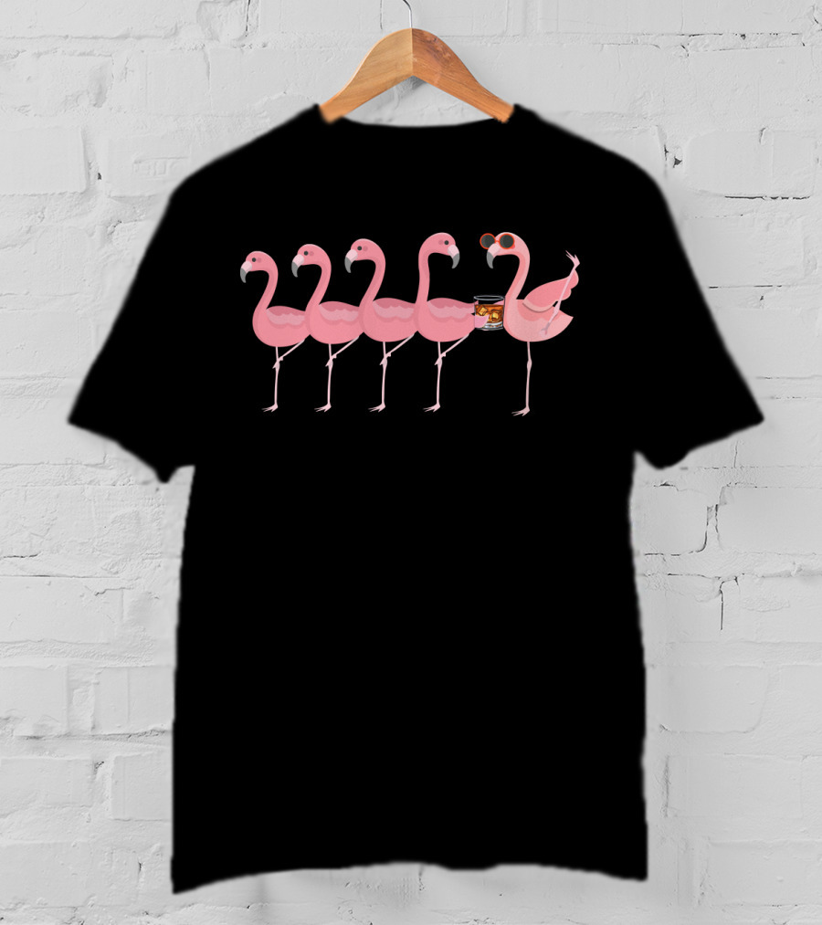 Whiskey Flamingos Lineup With Sunglasses And Drink T-Shirt