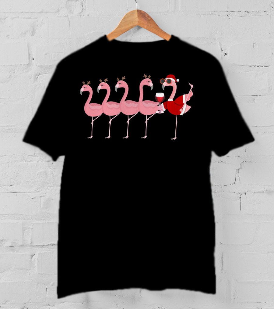 Christmas Flamingo Wine Santa Glass Holiday Party Reindeer Antlers T-Shirt