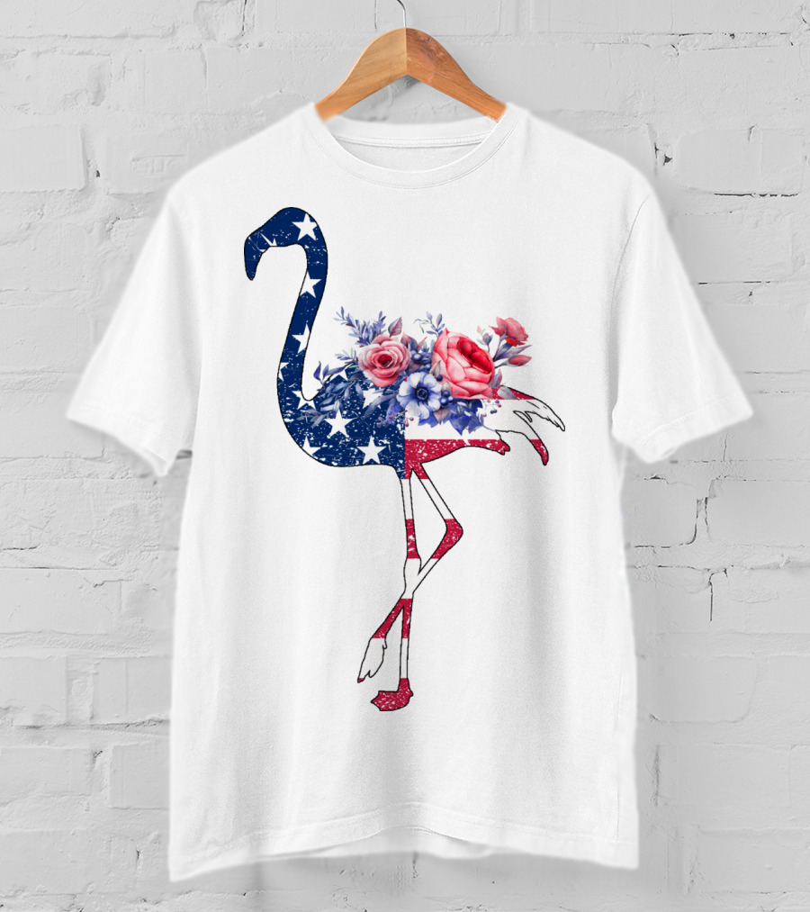 Flamingo American Flag Stars And Stripes With Floral T-Shirt
