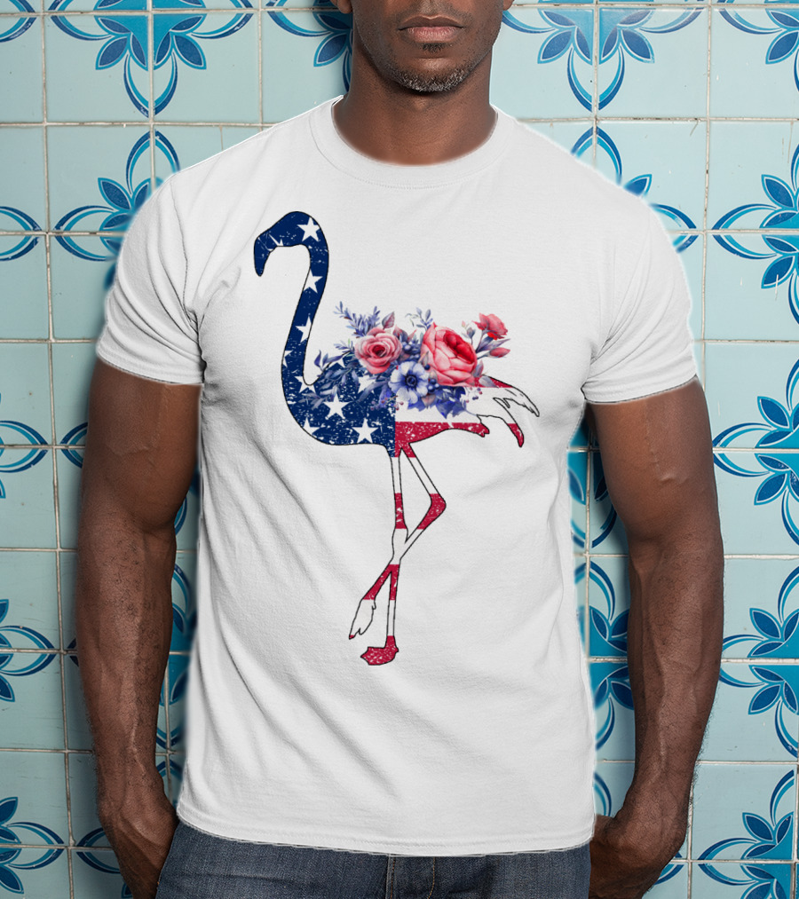 Flamingo American Flag Stars And Stripes With Floral T-Shirt