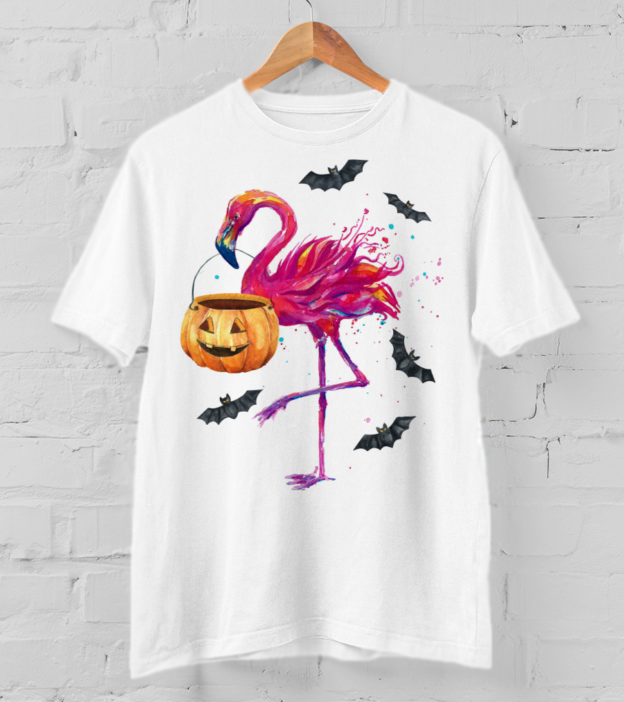 Flamingo With Halloween Pumpkin And Flying Bats T-Shirt