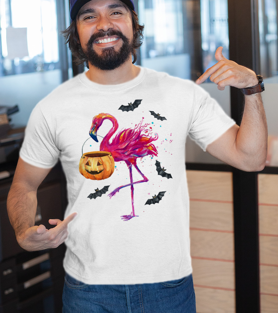 Flamingo With Halloween Pumpkin And Flying Bats T-Shirt