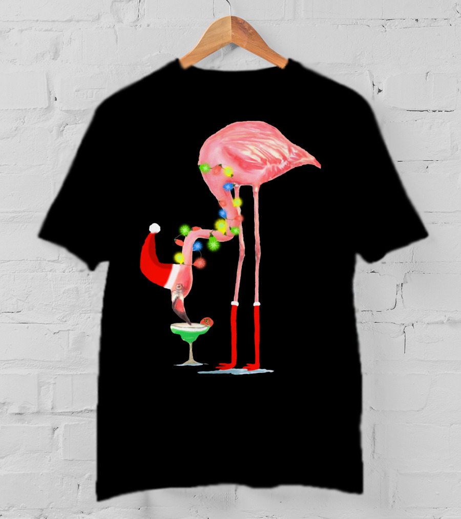 Flamingo Christmas Cocktail Santa Hat And Lights T-Shirt