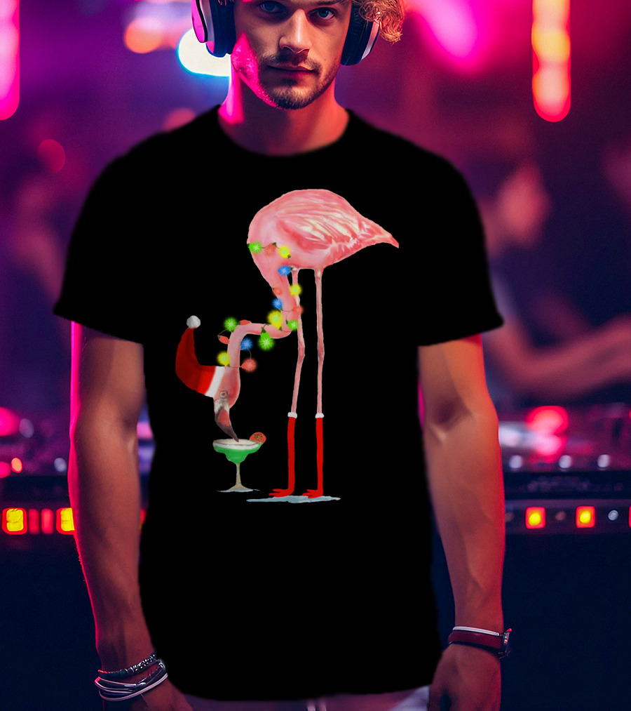 Flamingo Christmas Cocktail Santa Hat And Lights T-Shirt
