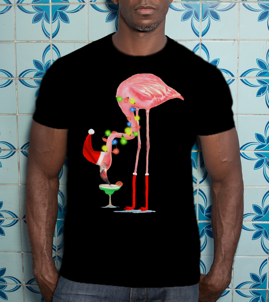 Flamingo Christmas Cocktail Santa Hat And Lights T-Shirt