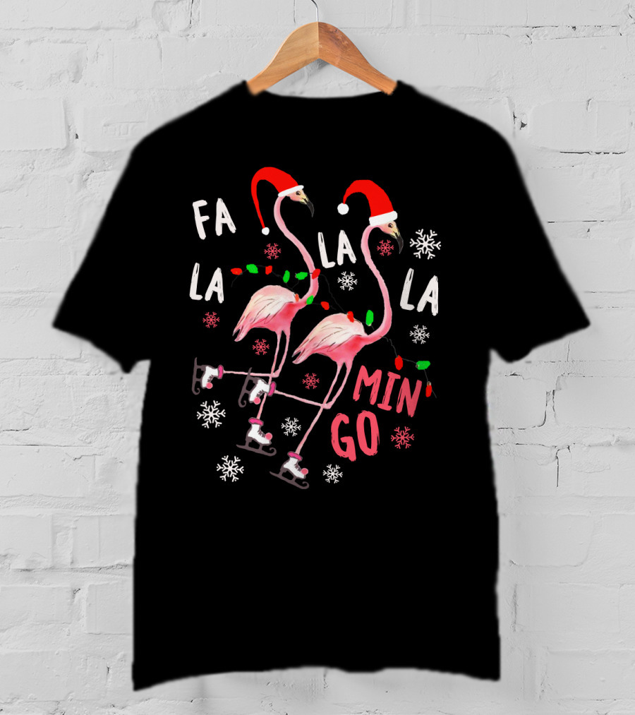 Fa La La La Mingo Christmas Flamingo Santa Hats And Ice Skates T-Shirt