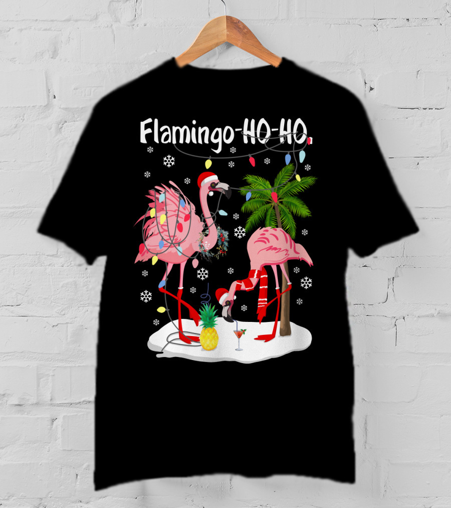 Flamingo HO-HO Christmas Lights And Snowflakes Holiday Scene T-Shirt