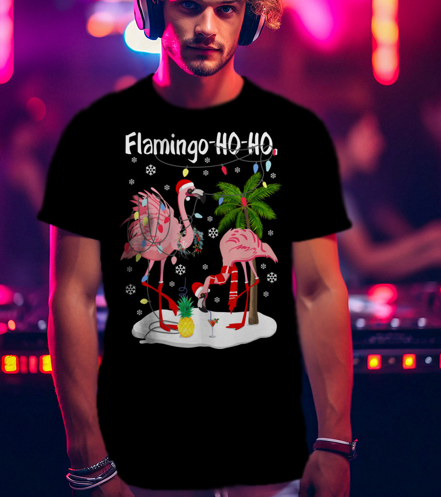 Flamingo HO-HO Christmas Lights And Snowflakes Holiday Scene T-Shirt