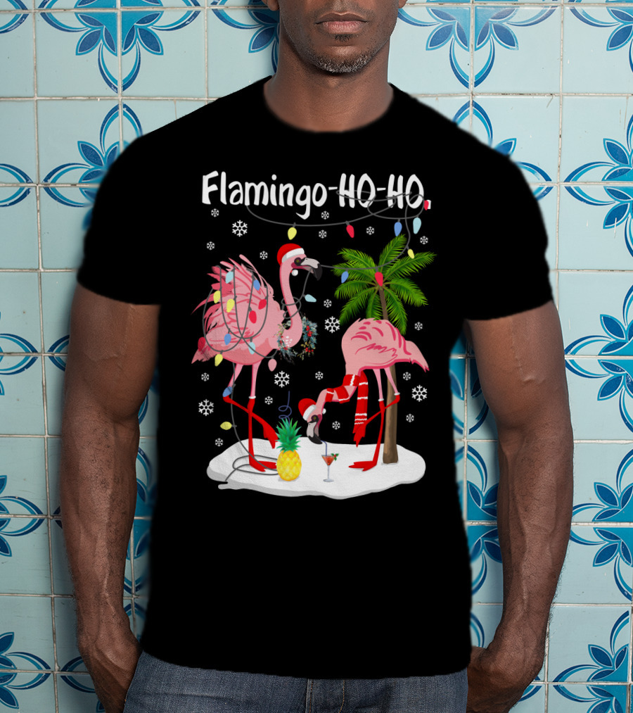 Flamingo HO-HO Christmas Lights And Snowflakes Holiday Scene T-Shirt