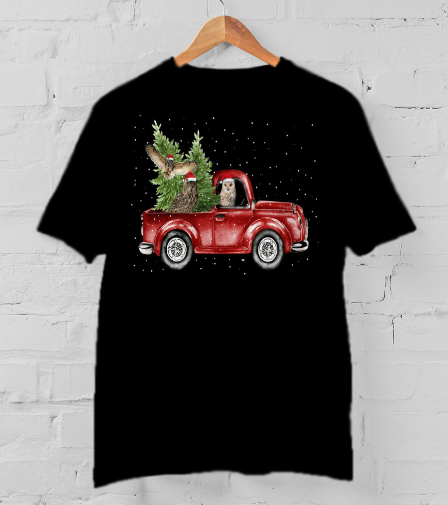 Owl Christmas Red Truck With Santa Hats And Tree T-Shirt