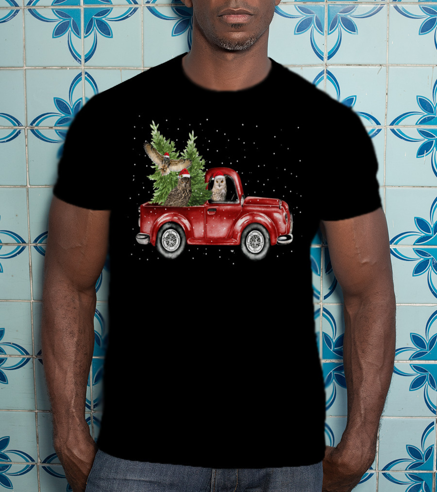Owl Christmas Red Truck With Santa Hats And Tree T-Shirt