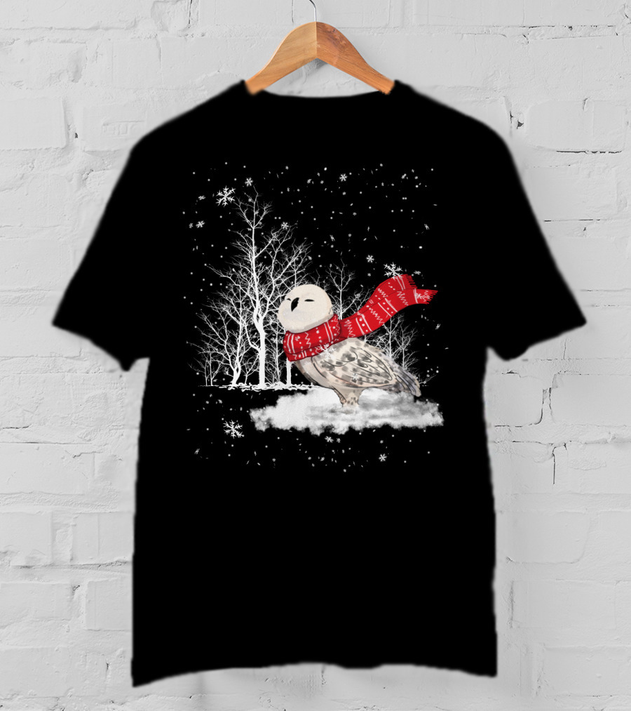 Snowy Owl Red Scarf Winter Scene T-Shirt