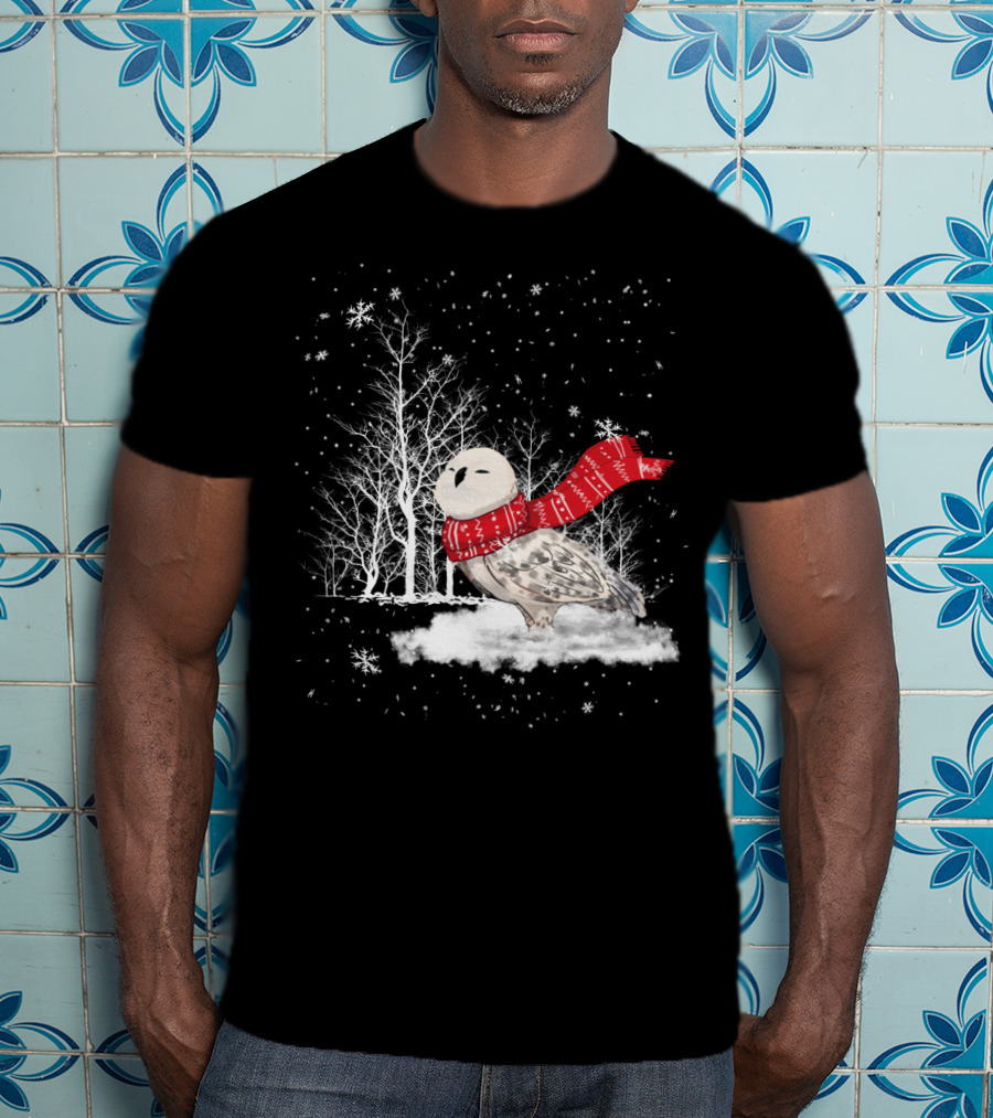 Snowy Owl Red Scarf Winter Scene T-Shirt