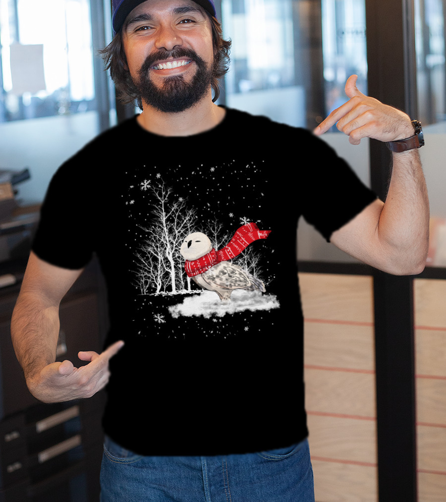 Snowy Owl Red Scarf Winter Scene T-Shirt