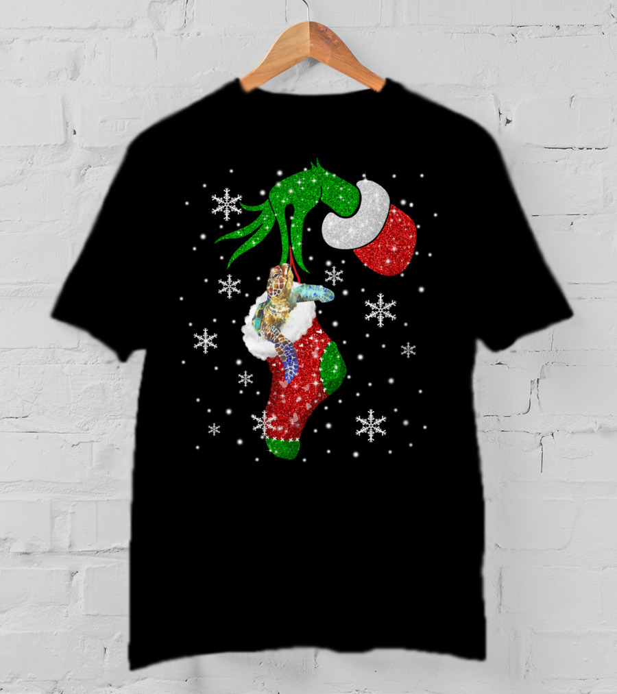 Grinch Christmas Turtle In Glittery Stocking With Snowflakes T-Shirt