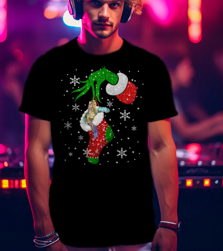 Grinch Christmas Turtle In Glittery Stocking With Snowflakes T-Shirt