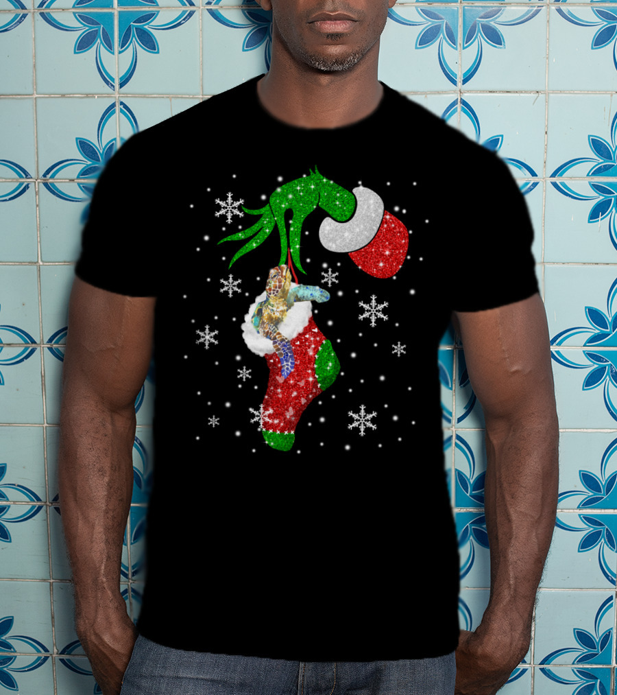 Grinch Christmas Turtle In Glittery Stocking With Snowflakes T-Shirt