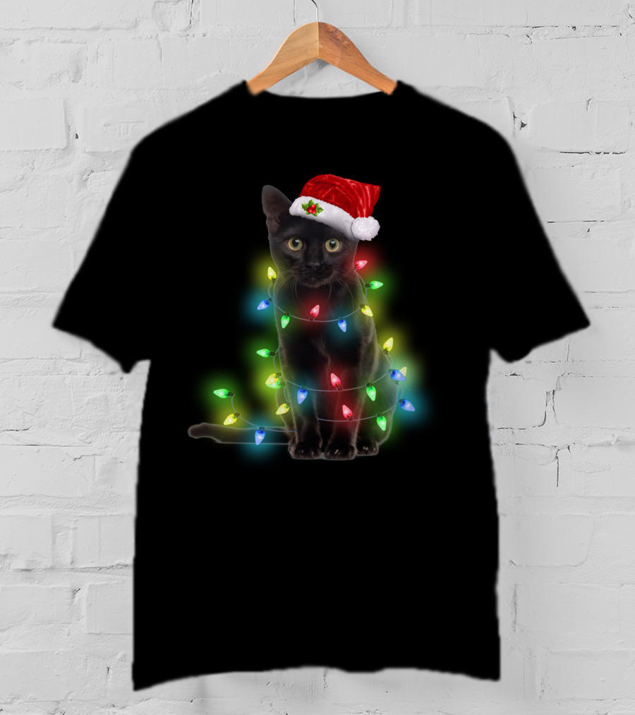 Cat Wrapped In Christmas Lights With Santa Hat T-Shirt