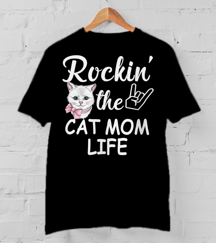 Rockin' The Cat Mom Life With Rock Hand And Pink Bow Cat T-Shirt