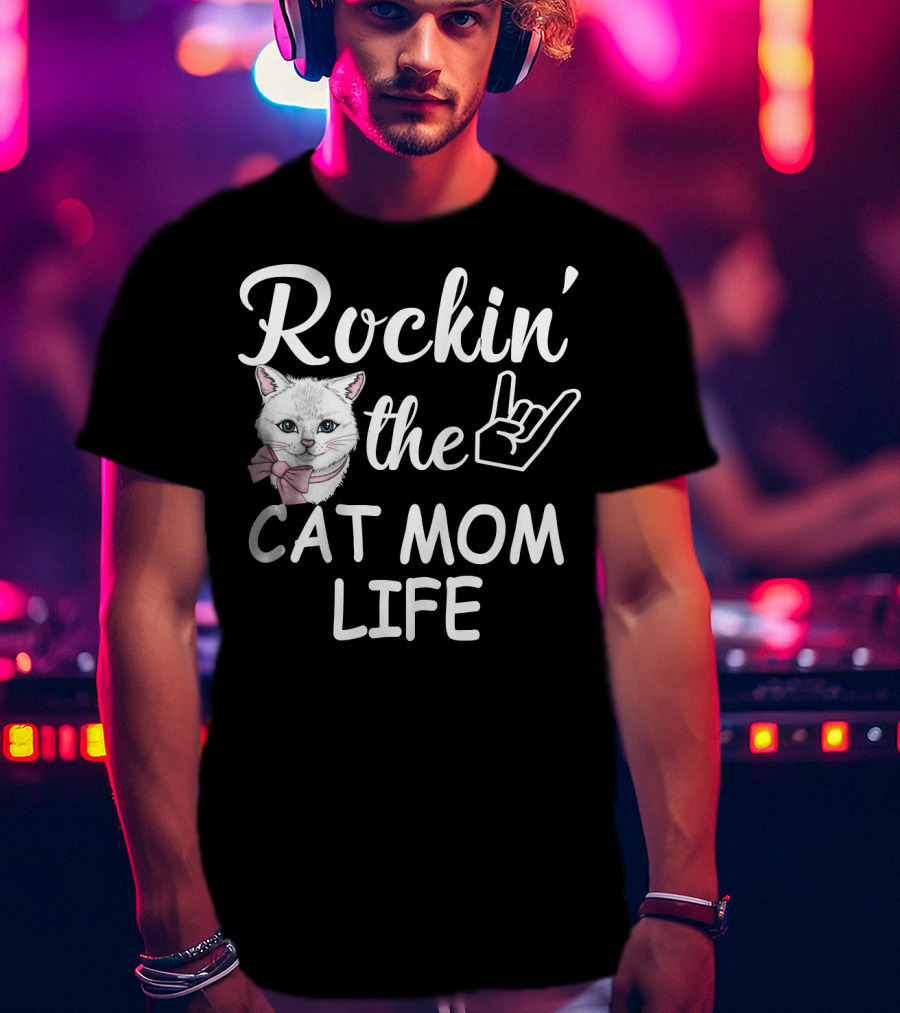 Rockin' The Cat Mom Life With Rock Hand And Pink Bow Cat T-Shirt