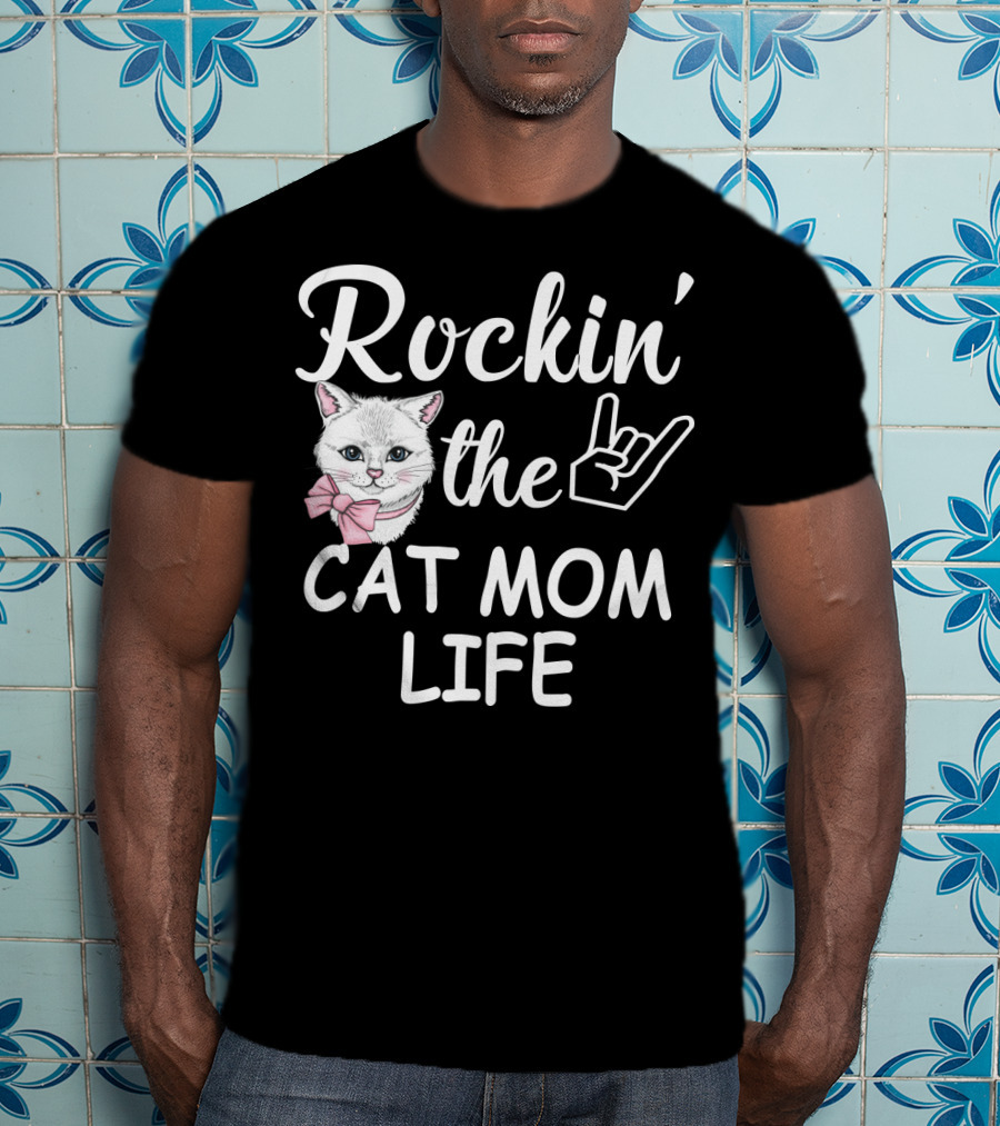 Rockin' The Cat Mom Life With Rock Hand And Pink Bow Cat T-Shirt