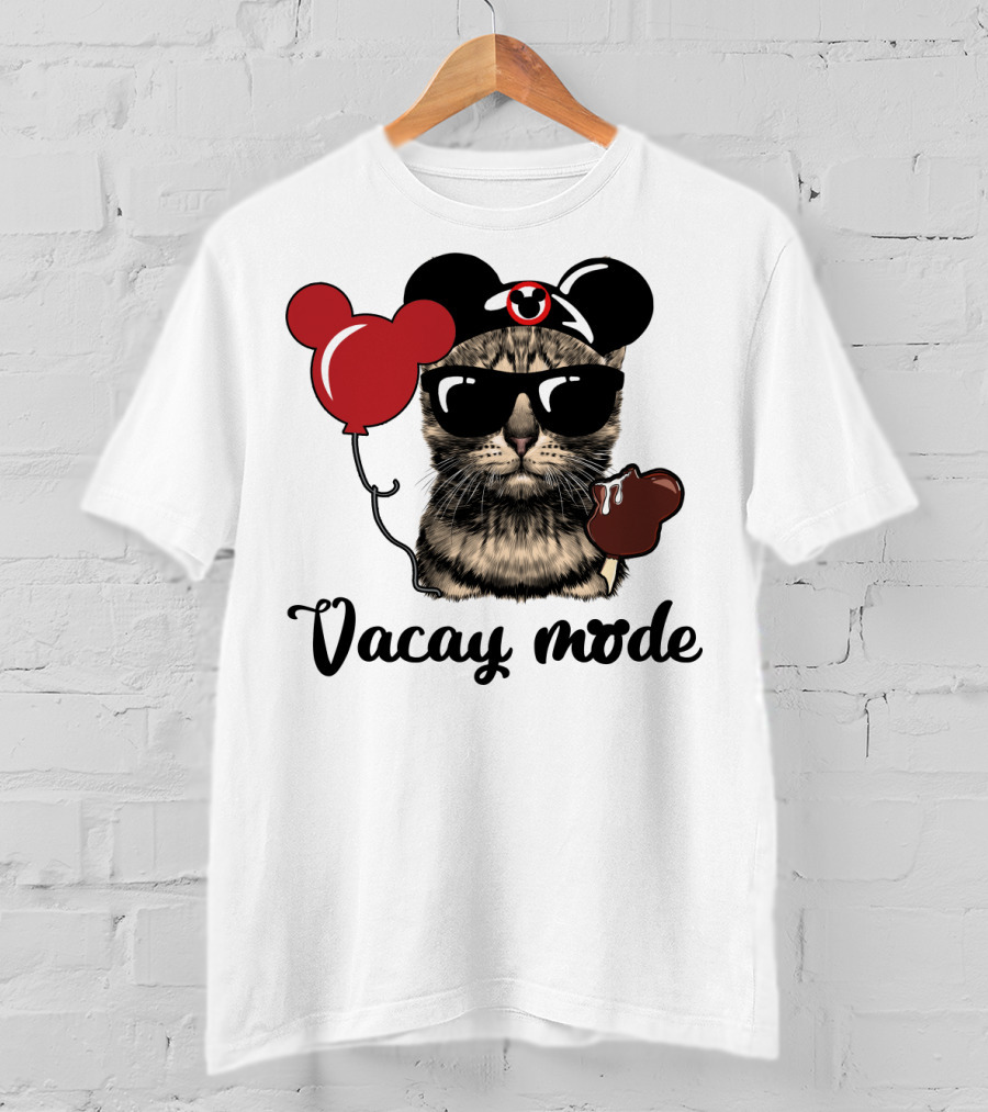 Vacay Mode Cat With Mouse Ears, Balloon, Sunglasses, Chocolate For Fans T-Shirt