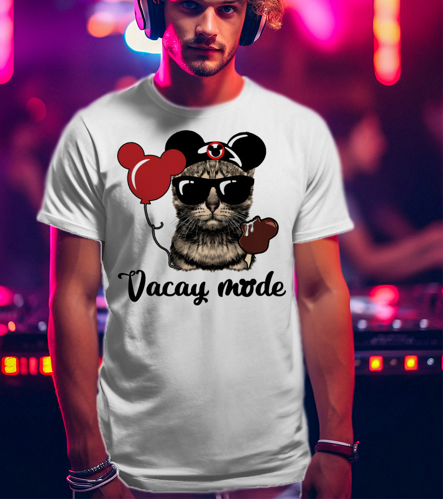 Vacay Mode Cat With Mouse Ears, Balloon, Sunglasses, Chocolate For Fans T-Shirt