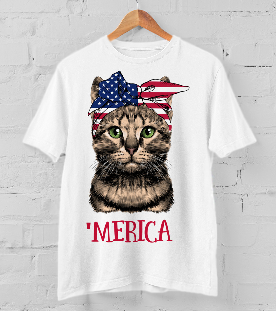 Cat With American Flag Bandana 'Merica T-Shirt