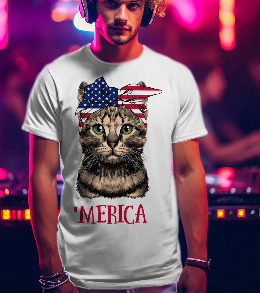 Cat With American Flag Bandana 'Merica T-Shirt