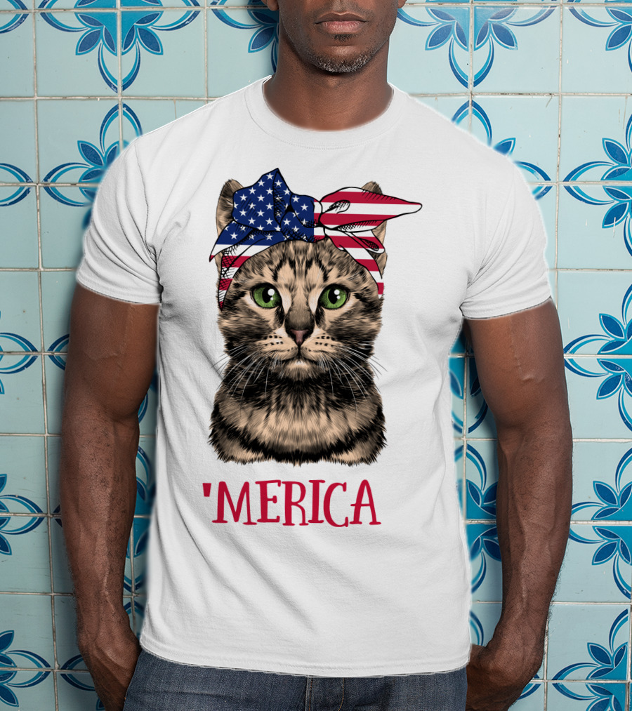 Cat With American Flag Bandana 'Merica T-Shirt