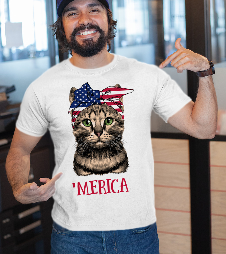 Cat With American Flag Bandana 'Merica T-Shirt