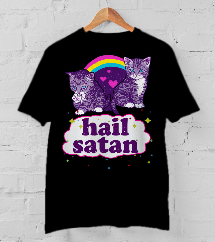 Hail Satan Cats With Rainbow And Hearts T-Shirt