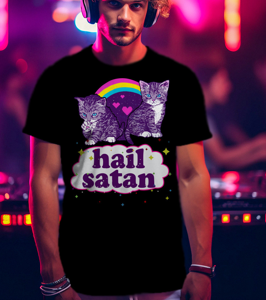 Hail Satan Cats With Rainbow And Hearts T-Shirt
