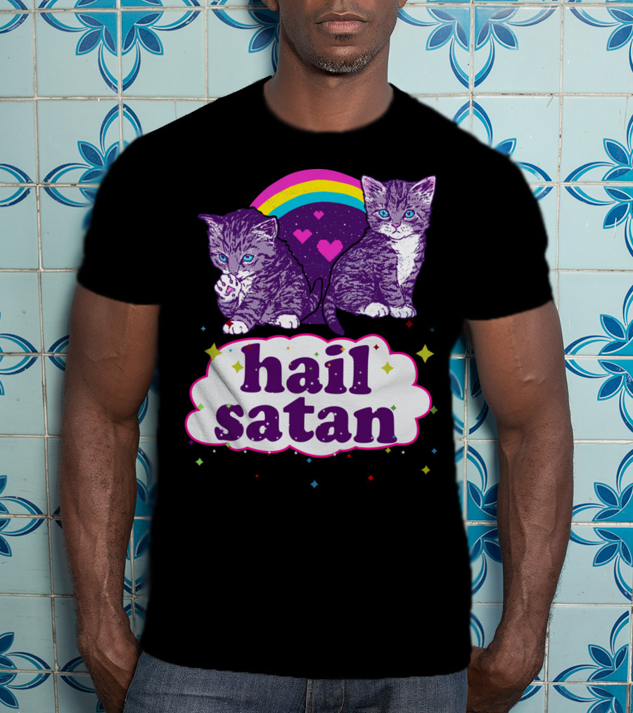 Hail Satan Cats With Rainbow And Hearts T-Shirt