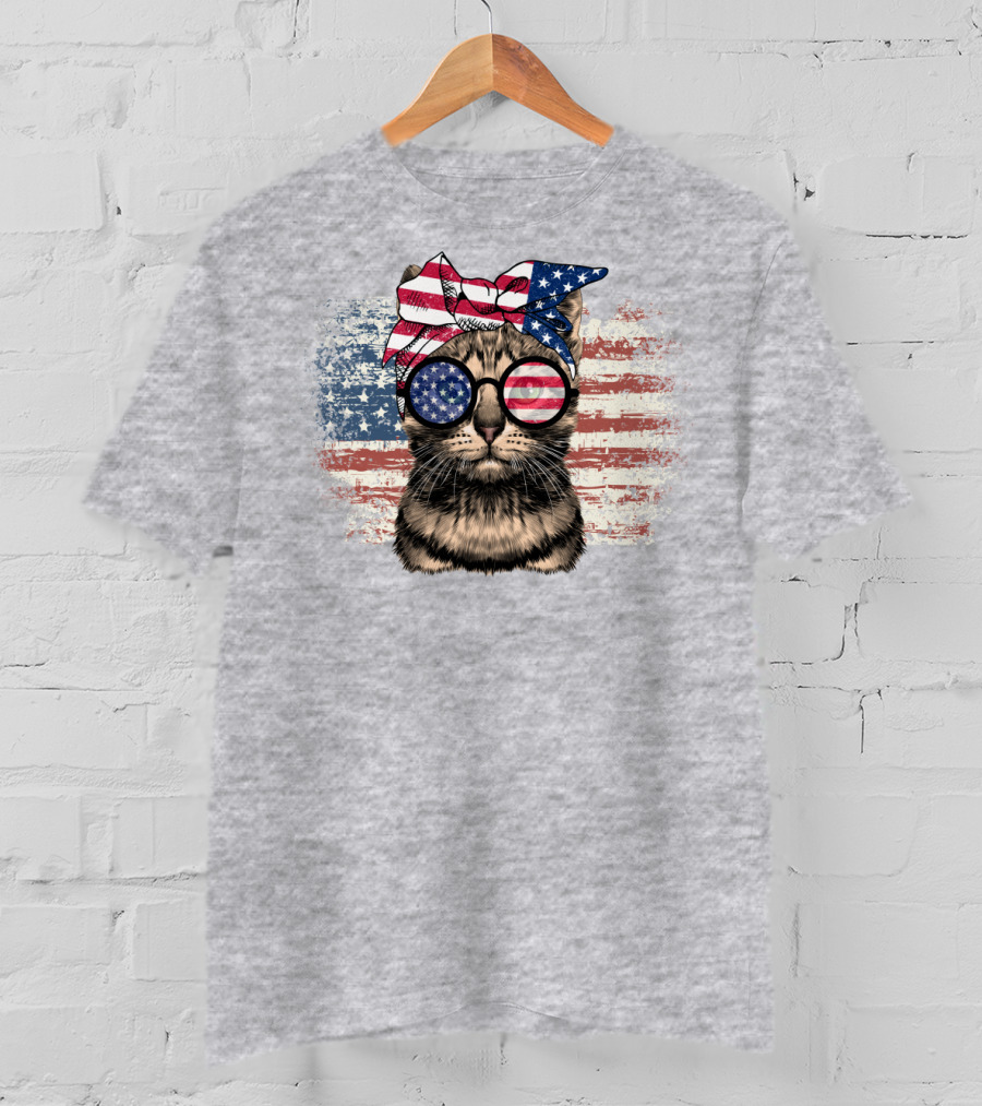 Cat American Flag Glasses Bandana T-Shirt