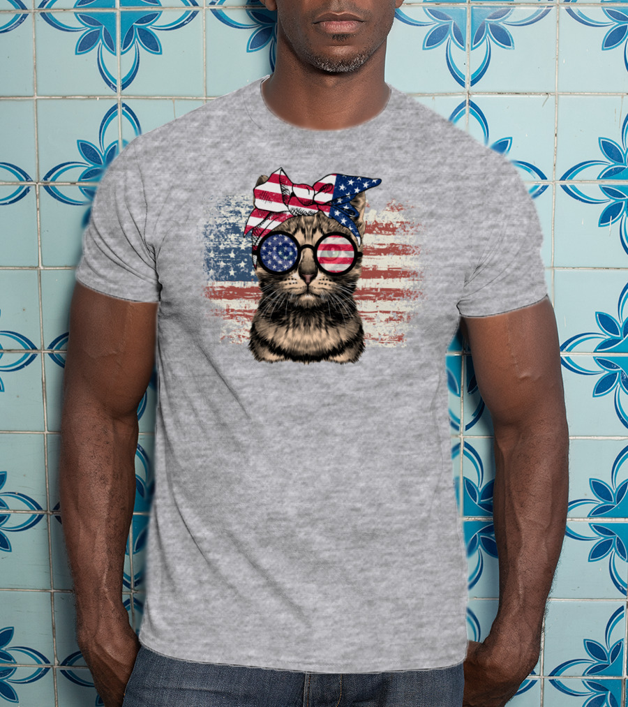 Cat American Flag Glasses Bandana T-Shirt