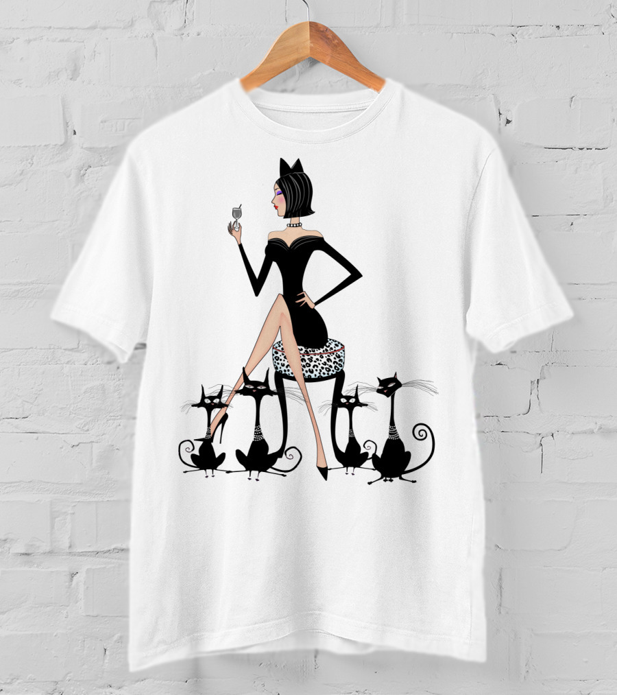 Stylish Cat Lady With Elegant Black Cats And Wine T-Shirt