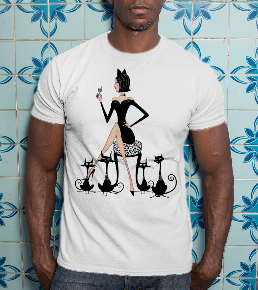 Stylish Cat Lady With Elegant Black Cats And Wine T-Shirt