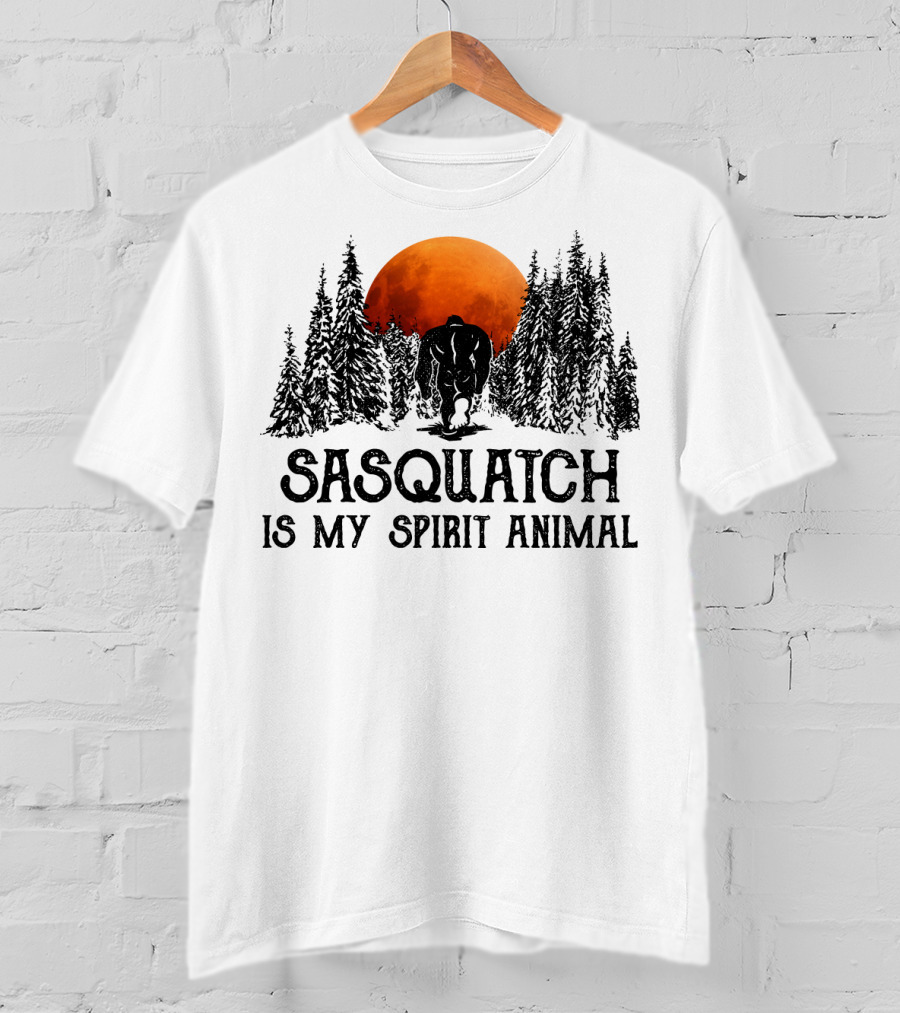 Sasquatch Is My Spirit Animal Forest Silhouette With Orange Moon T-Shirt