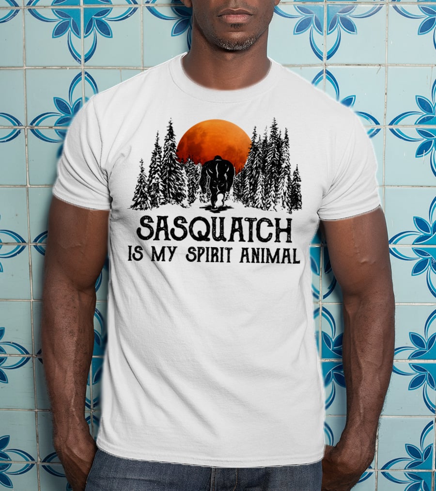Sasquatch Is My Spirit Animal Forest Silhouette With Orange Moon T-Shirt