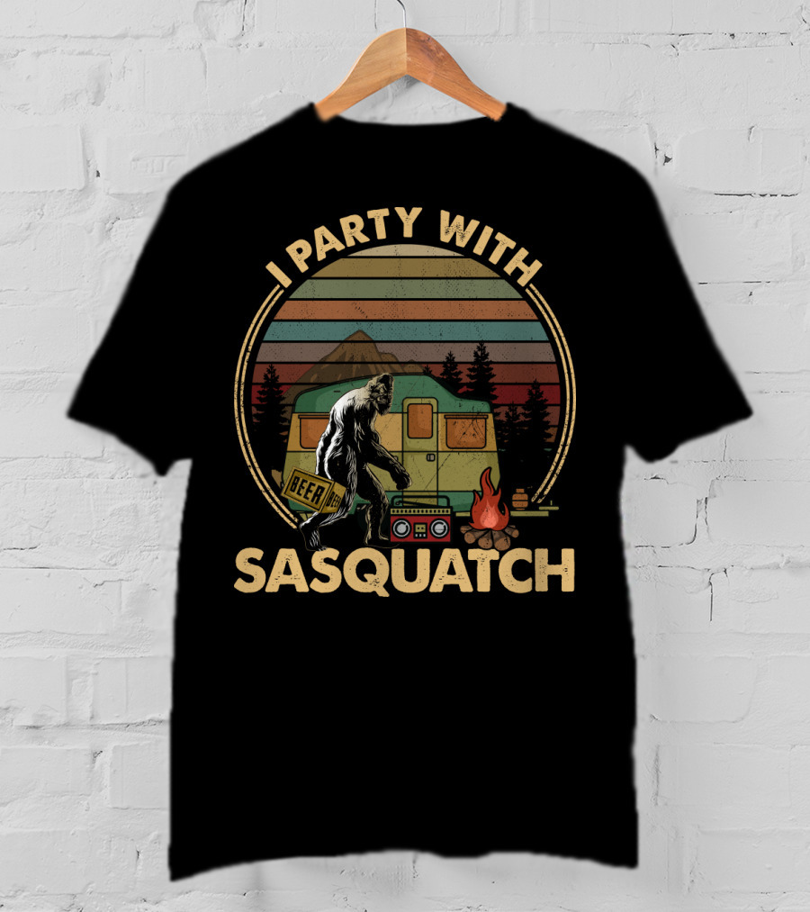 I Party With Sasquatch Beer Campfire Retro Camper Boombox T-Shirt