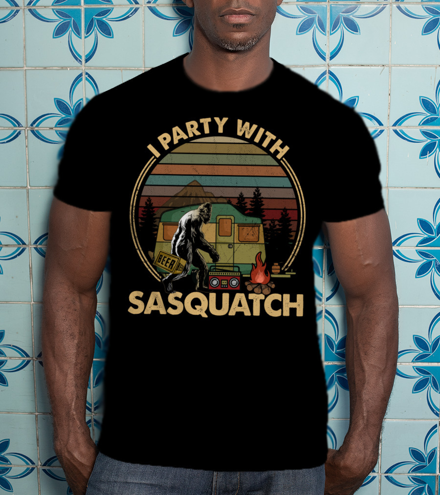 I Party With Sasquatch Beer Campfire Retro Camper Boombox T-Shirt