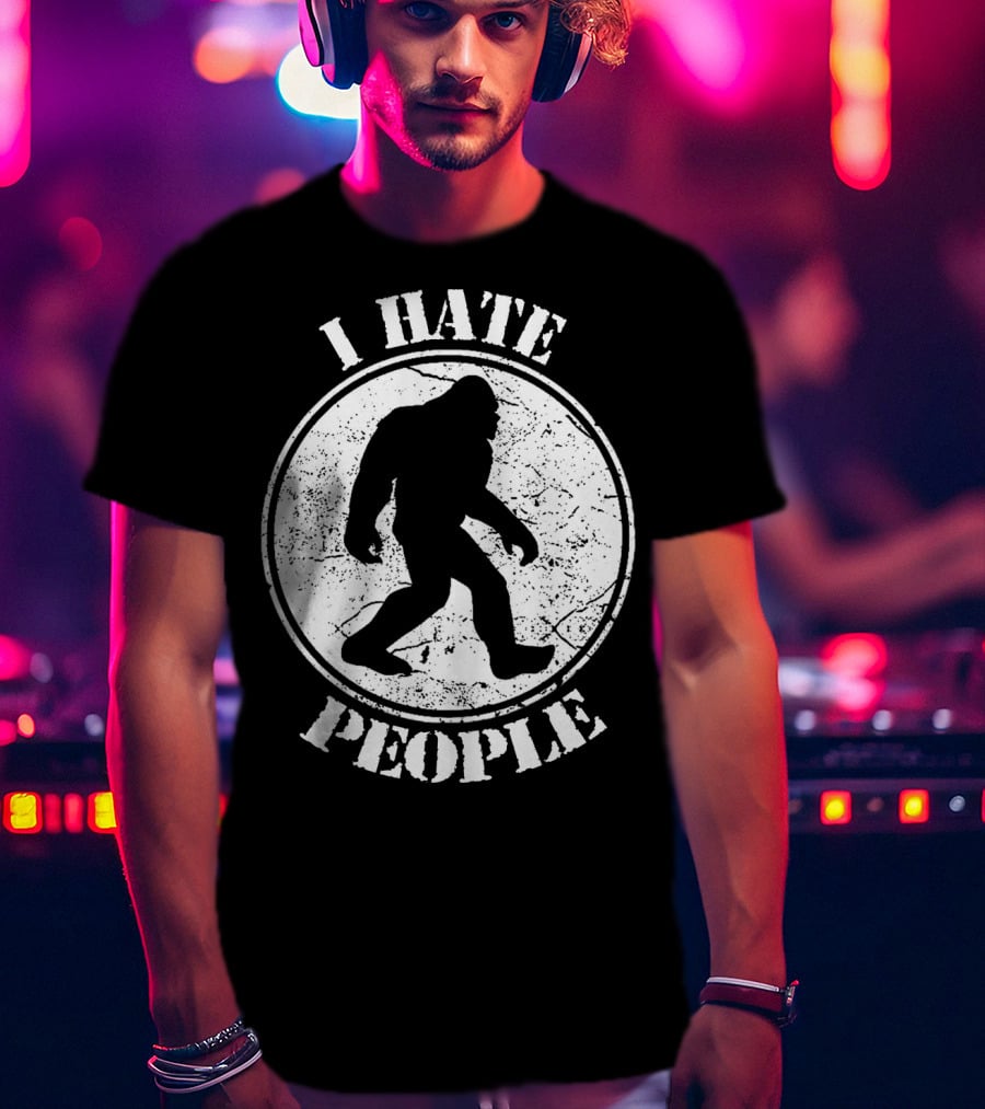 I Hate People Bigfoot Silhouette Walking In Circle T-Shirt
