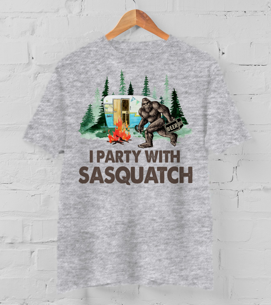 Beer I Party With Sasquatch Camper Fire Forest Scene T-Shirt
