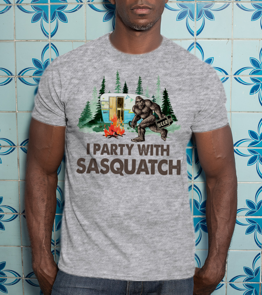 Beer I Party With Sasquatch Camper Fire Forest Scene T-Shirt