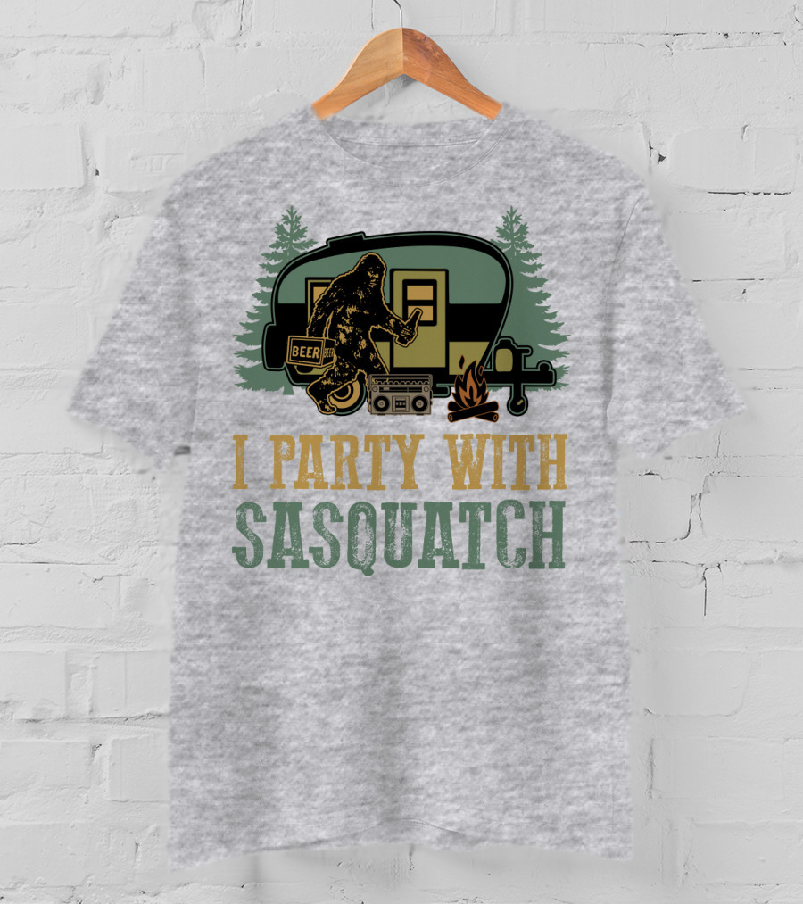 I Party With Sasquatch Beer Campfire Boombox Trailer Adventure T-Shirt