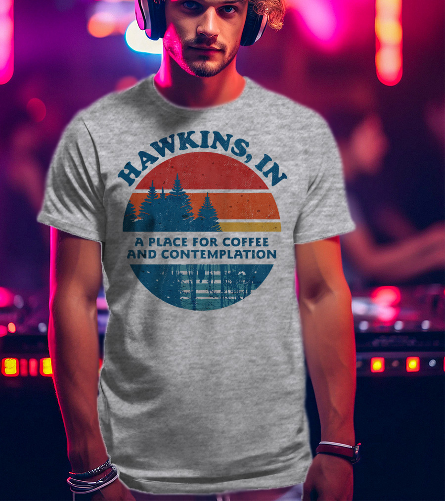 HAWKINS, IN A Place For Coffee And Contemplation Vintage Forest Sunset Circle T-Shirt