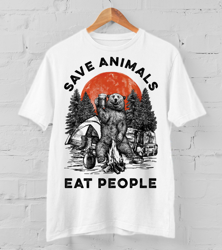 Save Animals Eat People Camping Bear Campfire Scene T-Shirt
